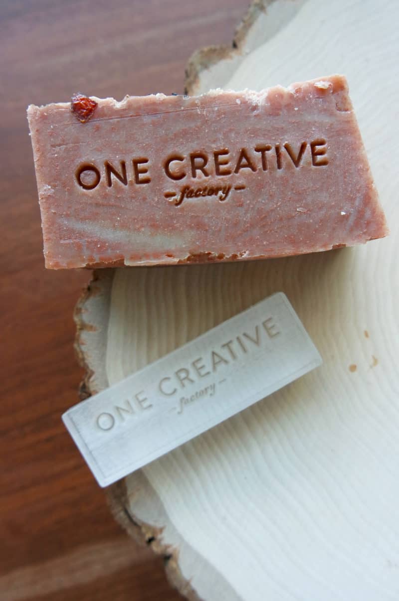 Acrylic soap stamp with logo and imprint on soap