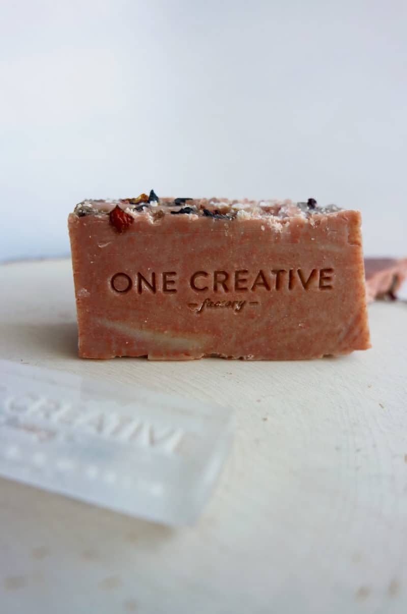 Acrylic soap stamp imprint example on cold press soap