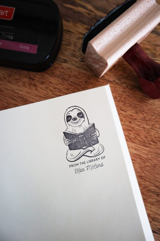 Personalized Sloth Book Rubber Stamp - From the Library Of